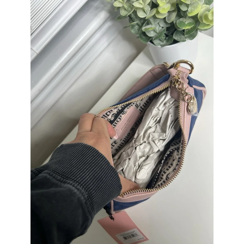 Juicy Couture Heritage Velour Shoulder Bag Regal Blue Pink Y2K Gold‎ Chain Purse